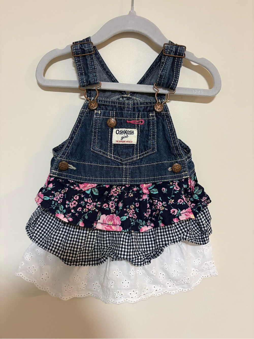 OshKosh B'gosh Denim Blue Floral Tiered Overall Dress